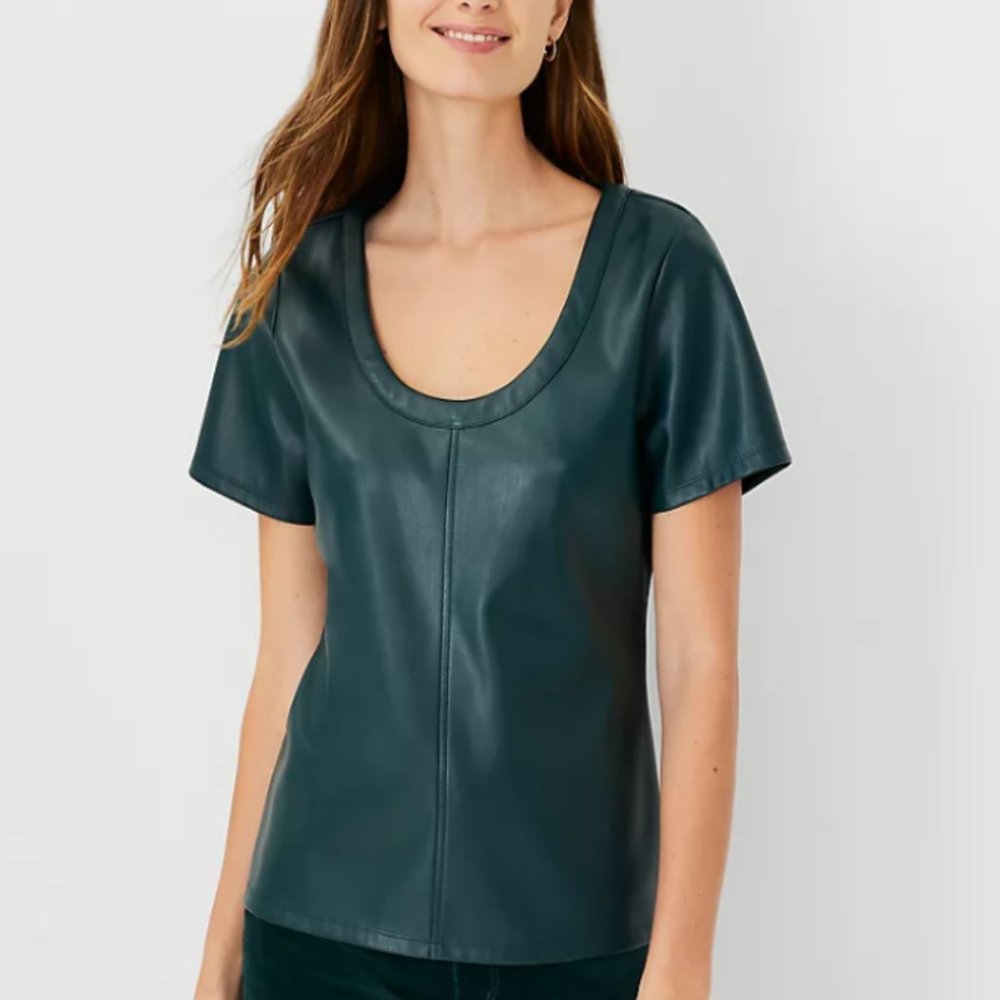 NWT Ann Taylor faux leather scoop neck tee S